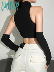 Lunivop Techwear Cyber Y2K Hollow Out Tank Tops Punk Gothic Turtleneck Women Sexy Crop Top With
