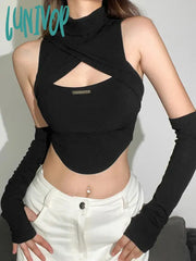 Lunivop Techwear Cyber Y2K Hollow Out Tank Tops Punk Gothic Turtleneck Women Sexy Crop Top With