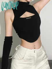 Lunivop Techwear Cyber Y2K Hollow Out Tank Tops Punk Gothic Turtleneck Women Sexy Crop Top With