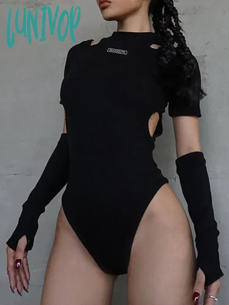 Lunivop Techwear Punk Bodycon Women Bodysuits Gothic Y2K Black Cut Out Sexy Summer Tops With Gloves