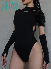 Lunivop Techwear Punk Bodycon Women Bodysuits Gothic Y2K Black Cut Out Sexy Summer Tops With Gloves