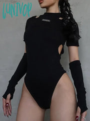 Lunivop Techwear Punk Bodycon Women Bodysuits Gothic Y2K Black Cut Out Sexy Summer Tops With Gloves