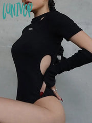 Lunivop Techwear Punk Bodycon Women Bodysuits Gothic Y2K Black Cut Out Sexy Summer Tops With Gloves