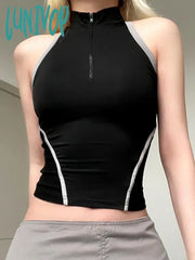 Lunivop Techwear Punk Crop Halter Tops Women Y2K Zip Up Turtleneck Tank Top Streetwear Black