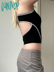 Lunivop Techwear Punk Crop Halter Tops Women Y2K Zip Up Turtleneck Tank Top Streetwear Black