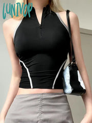 Lunivop Techwear Punk Crop Halter Tops Women Y2K Zip Up Turtleneck Tank Top Streetwear Black
