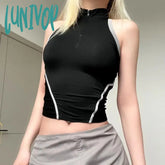 Lunivop Techwear Punk Crop Halter Tops Women Y2K Zip Up Turtleneck Tank Top Streetwear Black