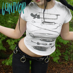 Lunivop Teen Girl Vintage Grunge Short Sleeve T-Shirts Personalized Print Crop Tops Summer Slim Fit