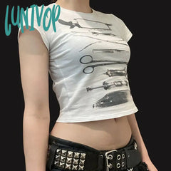 Lunivop Teen Girl Vintage Grunge Short Sleeve T-Shirts Personalized Print Crop Tops Summer Slim Fit