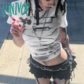 Lunivop Teen Girl Vintage Grunge Short Sleeve T-Shirts Personalized Print Crop Tops Summer Slim Fit