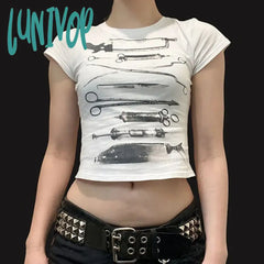 Lunivop Teen Girl Vintage Grunge Short Sleeve T-Shirts Personalized Print Crop Tops Summer Slim Fit