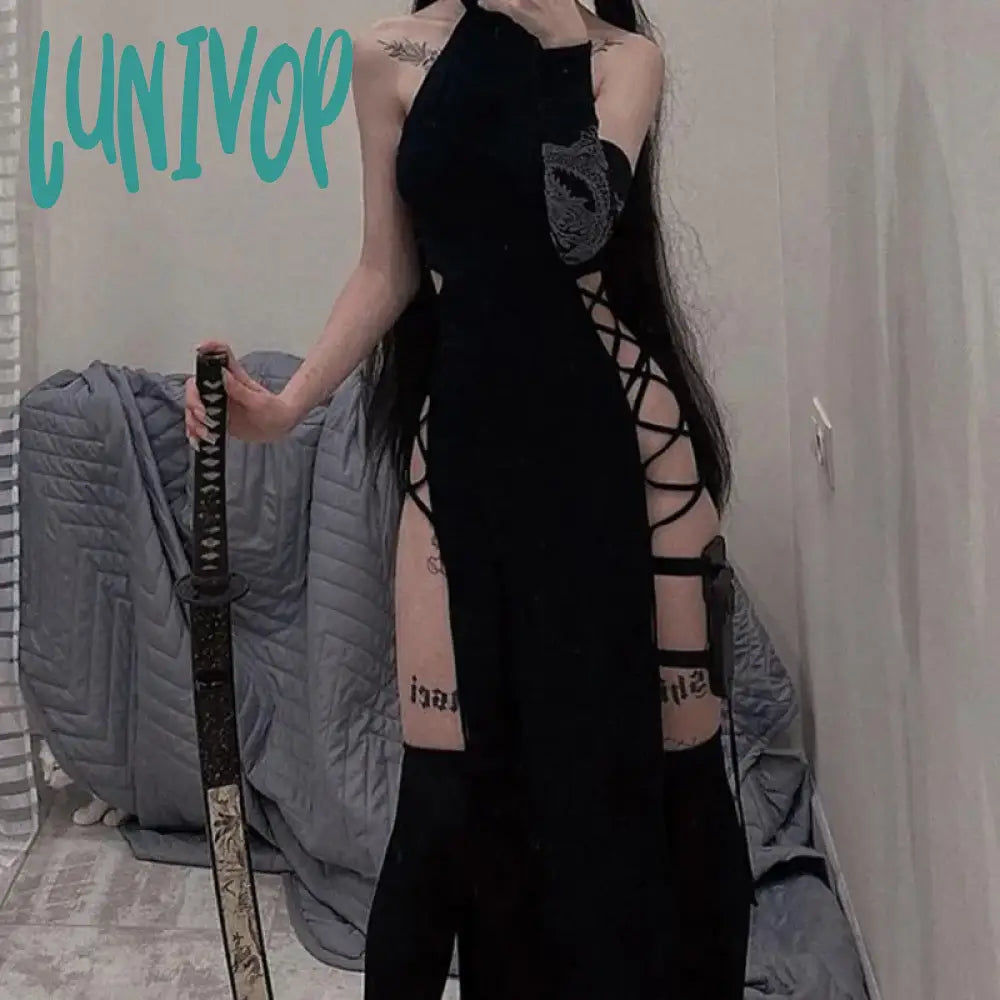 Lunivop Temperament Women Dress 2024 Spring Long Dresses Sexy Hanging Neck Hollow Out Double Split