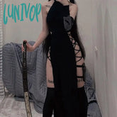 Lunivop Temperament Women Dress 2024 Spring Long Dresses Sexy Hanging Neck Hollow Out Double Split