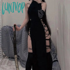 Lunivop Temperament Women Dress 2024 Spring Long Dresses Sexy Hanging Neck Hollow Out Double Split