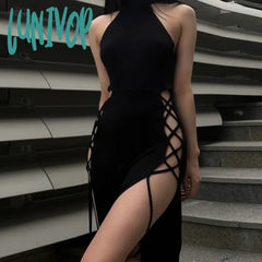 Lunivop Temperament Women Dress 2024 Spring Long Dresses Sexy Hanging Neck Hollow Out Double Split