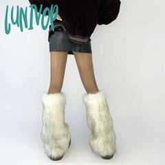 Lunivop Thickened Imitation Fur Leg Warmers White Gray Y2K Winter Warm Jk Furry Boots Socks Gothic