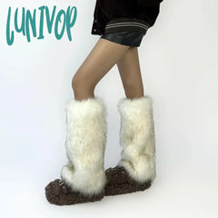 Lunivop Thickened Imitation Fur Leg Warmers White Gray Y2K Winter Warm Jk Furry Boots Socks Gothic