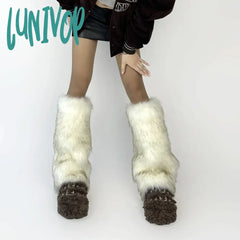 Lunivop Thickened Imitation Fur Leg Warmers White Gray Y2K Winter Warm Jk Furry Boots Socks Gothic