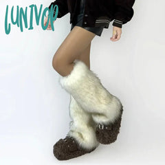 Lunivop Thickened Imitation Fur Leg Warmers White Gray Y2K Winter Warm Jk Furry Boots Socks Gothic