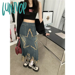 Lunivop Three-Dimensional Five-Pointed Star Patch Denim Skirt Women’s Spring Autumn Street Thin