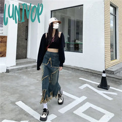 Lunivop Three-Dimensional Five-Pointed Star Patch Denim Skirt Women’s Spring Autumn Street Thin