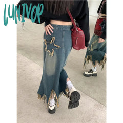 Lunivop Three-Dimensional Five-Pointed Star Patch Denim Skirt Women’s Spring Autumn Street Thin