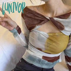 Lunivop Tie Dye Cross Mesh Sexy Tops Women Clothes Thin See Through T Shirt Streetwear Summer