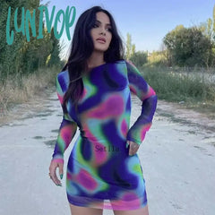 Lunivop Tie Dye O Neck Long Sleeve Backless Mini Bodycon Dress Women Autumn Winter Sexy Print Short