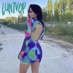 Lunivop Tie Dye O Neck Long Sleeve Backless Mini Bodycon Dress Women Autumn Winter Sexy Print Short
