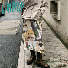 Lunivop Tie Dye Oil Painting Skirts Women Harajuku Straight Slit Midi Y2K Retro Streetwear High