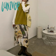 Lunivop Tie Dye Oil Painting Skirts Women Harajuku Straight Slit Midi Y2K Retro Streetwear High