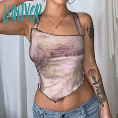 Lunivop Tie Dye Print Grunge Y2K Tank Top Women Vintage Aesthetic Back Cross Sleeveless Slim