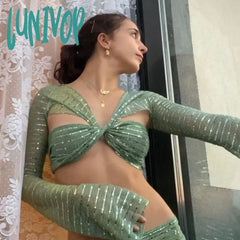 Lunivop Tie Up Sexy Backless Sequin Tops For Women Fairy Grunge Y2K See Through Top Cropped Clothes