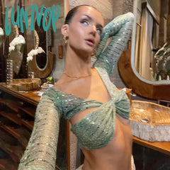 Lunivop Tie Up Sexy Backless Sequin Tops For Women Fairy Grunge Y2K See Through Top Cropped Clothes