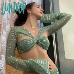 Lunivop Tie Up Sexy Backless Sequin Tops For Women Fairy Grunge Y2K See Through Top Cropped Clothes