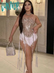 Lunivop Tock Women Luxury Sexy Mesh Crystal Diamonds Beading Mini Dress Birthday Party Costume Bar
