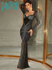 Lunivop Top Quality Women Luxury Sexy Long Sleeve Diamonds Black Maxi Gowns Celebrity Elegant