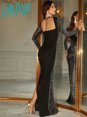 Lunivop Top Quality Women Luxury Sexy Long Sleeve Diamonds Black Maxi Gowns Celebrity Elegant
