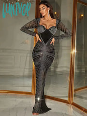 Lunivop Top Quality Women Luxury Sexy Long Sleeve Diamonds Black Maxi Gowns Celebrity Elegant