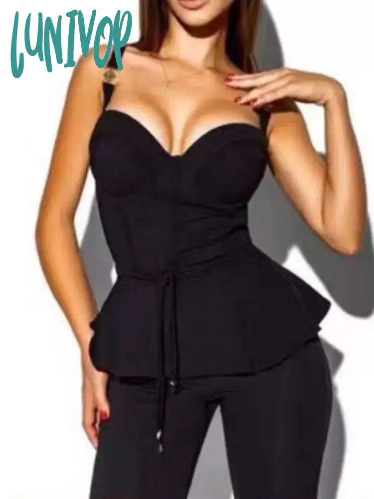 Lunivop Top Quality Women Summer Sexy Ruffles Black Blue Red White Two Piece Bandage Set Celebrity