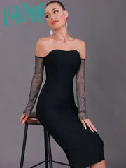 Lunivop Top Women Summer Sexy Off Shoulder Diamonds Black Midi Bodycon Bandage Dress Elegant