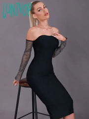 Lunivop Top Women Summer Sexy Off Shoulder Diamonds Black Midi Bodycon Bandage Dress Elegant