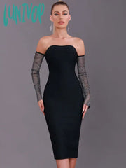 Lunivop Top Women Summer Sexy Off Shoulder Diamonds Black Midi Bodycon Bandage Dress Elegant