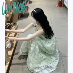 Lunivop Tulle Sundress Camisole Midi Dress For Women Girl Sweet Y2K Vintage Green Long Clothes