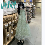 Lunivop Tulle Sundress Camisole Midi Dress for Women Girl Sweet Y2k Vintage Green Long Dress Clothes Party Beach Korean Fashion