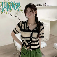 Lunivop Turn-Down Collar Cardigan Sweater Women Knitted T-Shirt Spring Summer 2024 Loose Casual