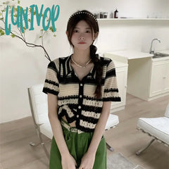 Lunivop Turn-Down Collar Cardigan Sweater Women Knitted T-Shirt Spring Summer 2024 Loose Casual