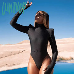 Lunivop Turtleneck 2024 Autumn Winter Black Bodysuit Bodycon Women Long Sleeve Y2K Shoulder Pads