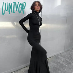Lunivop Turtleneck Long Sleeve Bodycon Maxi Dress Women Autumn Winter Sexy Skinny Dresses Party