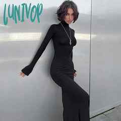 Lunivop Turtleneck Long Sleeve Bodycon Maxi Dress Women Autumn Winter Sexy Skinny Dresses Party